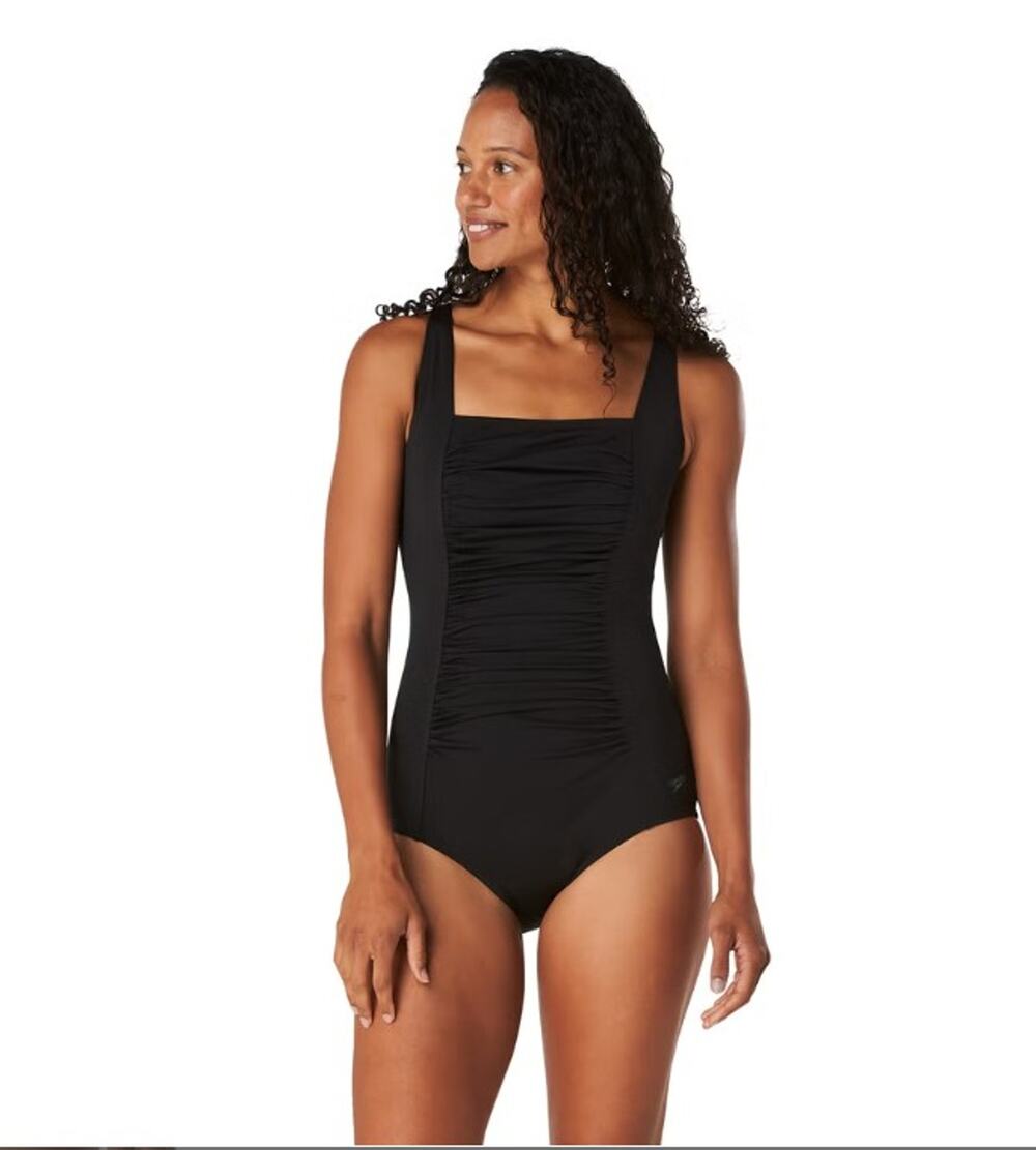 NWT Speedo Women's Adjustable Solid Shirred One Piece Black swimsuit sz S
